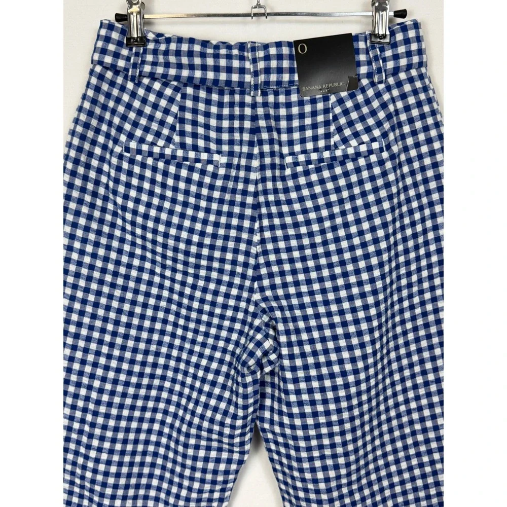 Banana Republic Women Cotton Linen Pants 0 Blue Gingham Tie Waist Tapered Leg